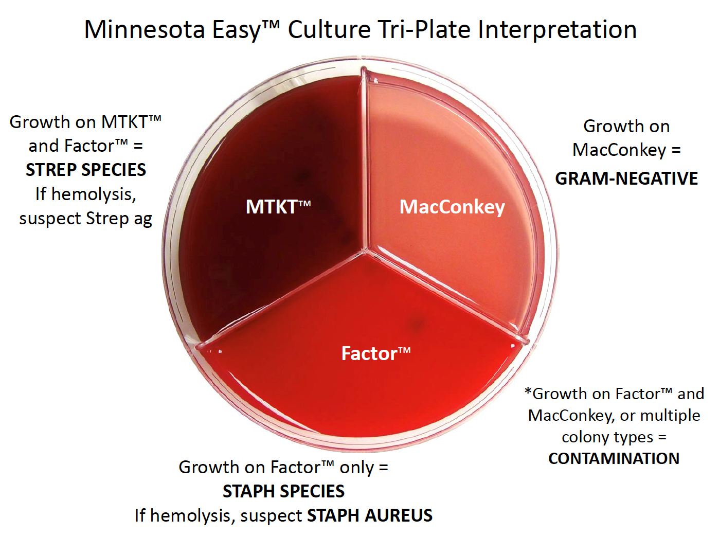 Tri-Plate Interpretation: Growth on MTKT and Factor=Strep species. Growth on MAC=Gram-. Growth on Factor only=Staph species. Growth on Factor and MAC=contamination