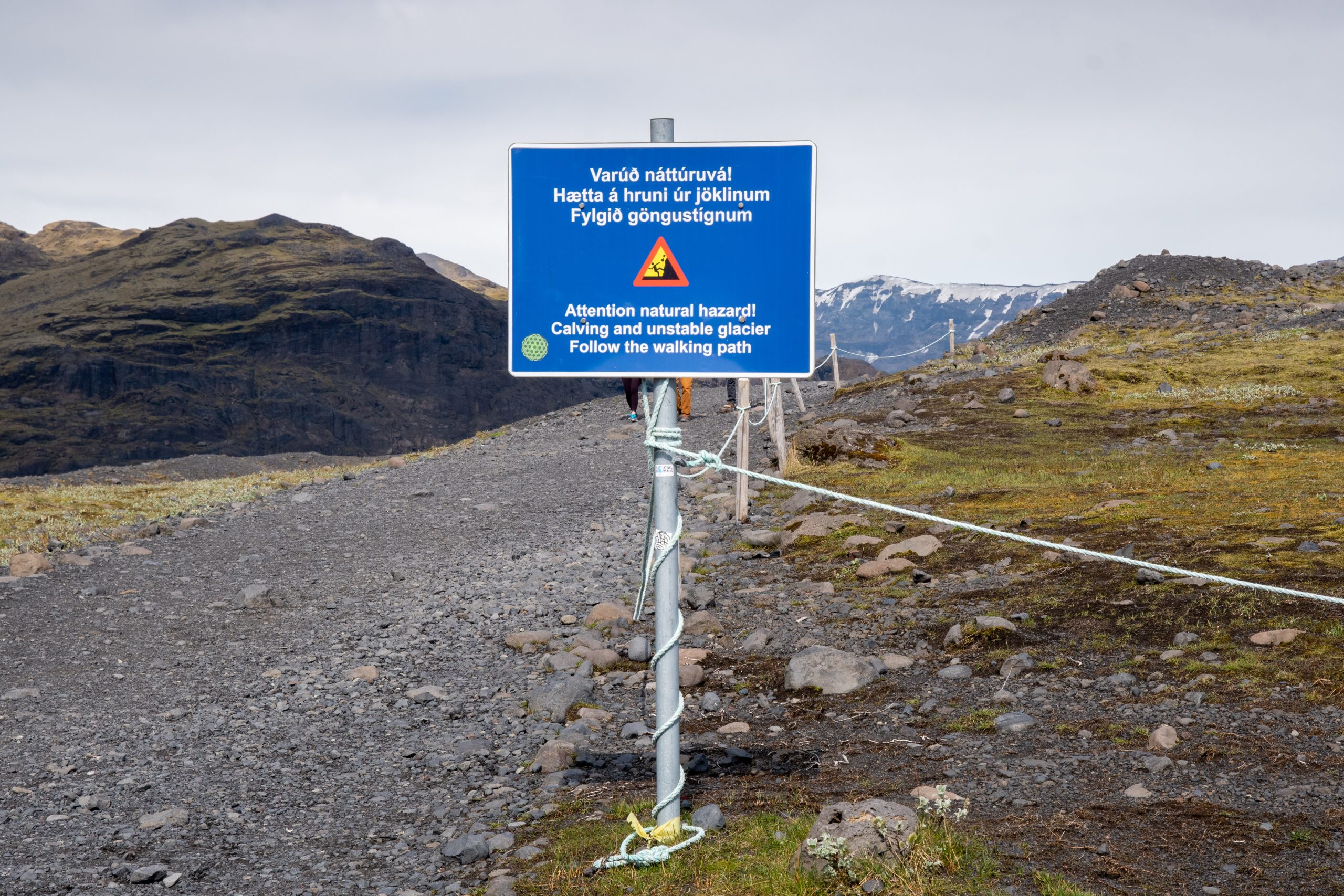 Warning sign posted at the Solheimajokull Glacier in Iceland.