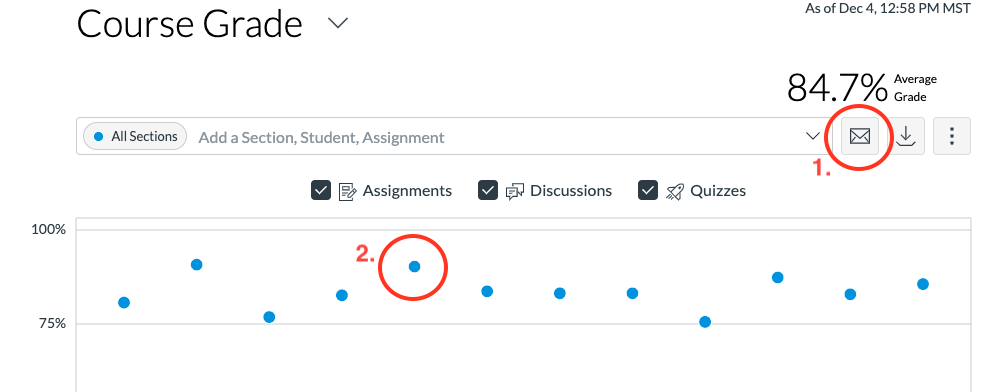 How can I see which students have late or missing assignments so I can reach out to them?
