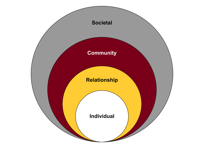 The words individual, relationship, community, and societal in 4 stacked concentric circles of increasing size
