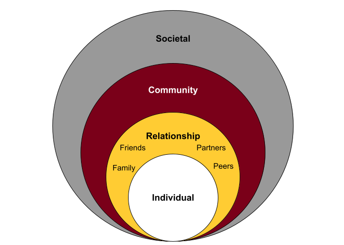 Relationship-level circle of the Socio-Ecological model contains the words family, friends, partners, and peers