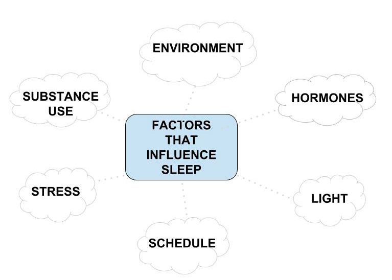 Factors that influence sleep, environment, hormones, light, schedule, stress, substance use