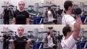 Dynamic Resistance Exercise: individuals showing concentric and eccentric contraction of a bicep curl and overhead dumbbell press with free weights.