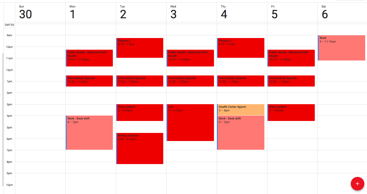 online calendar displaying a student’s classes and other important events