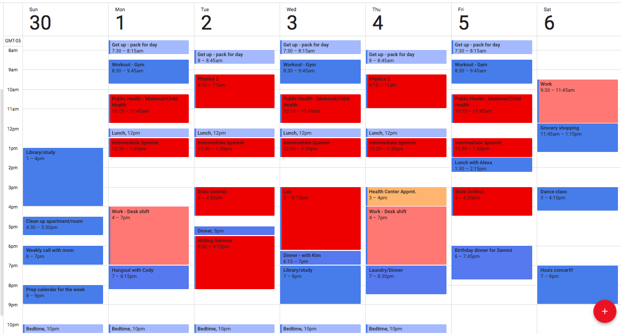 online calendar displaying a student’s weekly schedule with classes and other commitments