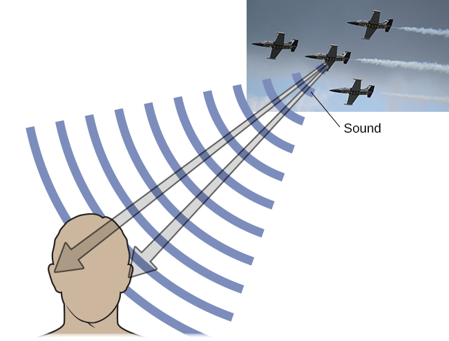 The image shows how you can determine the location of planes flying overhead based on the angle at which the sound reaches your ear.