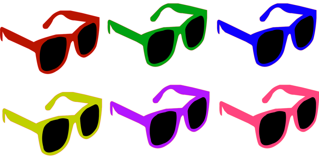 Multiple colorful sunglasses are shown.