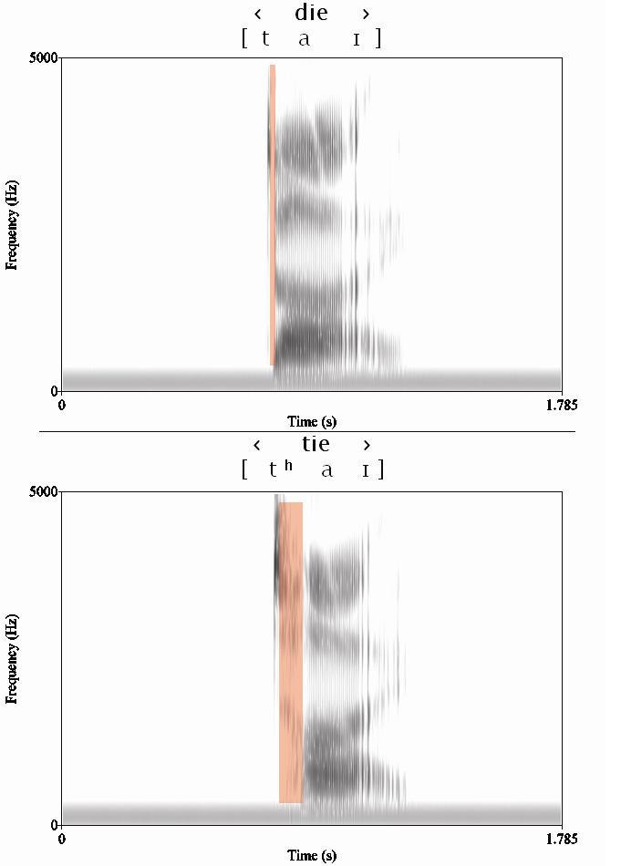 The image shows that the onset time for "tie" is longer than "die."