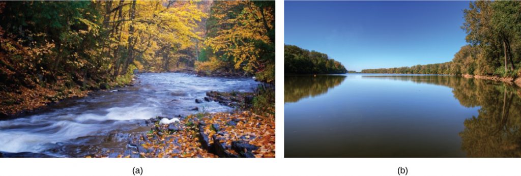 Photo (a) shows a small shallow river in a forest. The water is flowing fast over a rocky bed. Photo (b) shows a wide, slow moving river.