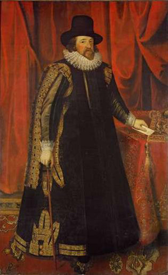 Painting depicts Sir Francis Bacon in a long robe.