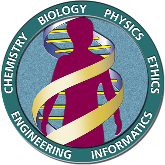 The human genome projects logo is shown, depicting a human being inside a D N A double helix. The words chemistry, biology, physics, ethics, informatics, and engineering surround the circular image.