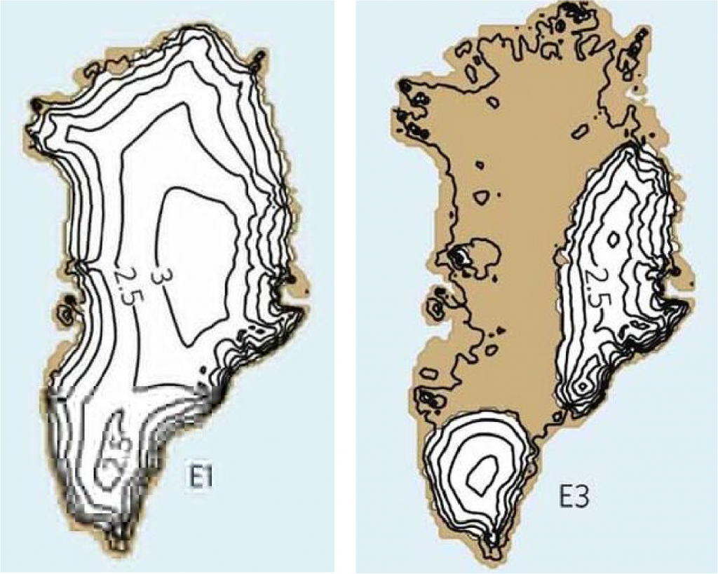 Greenland fully glaciated and mostly deglaciated. Contour lines denote ice sheet thickness in km. From Robinson et al. (2012) at nature.com.