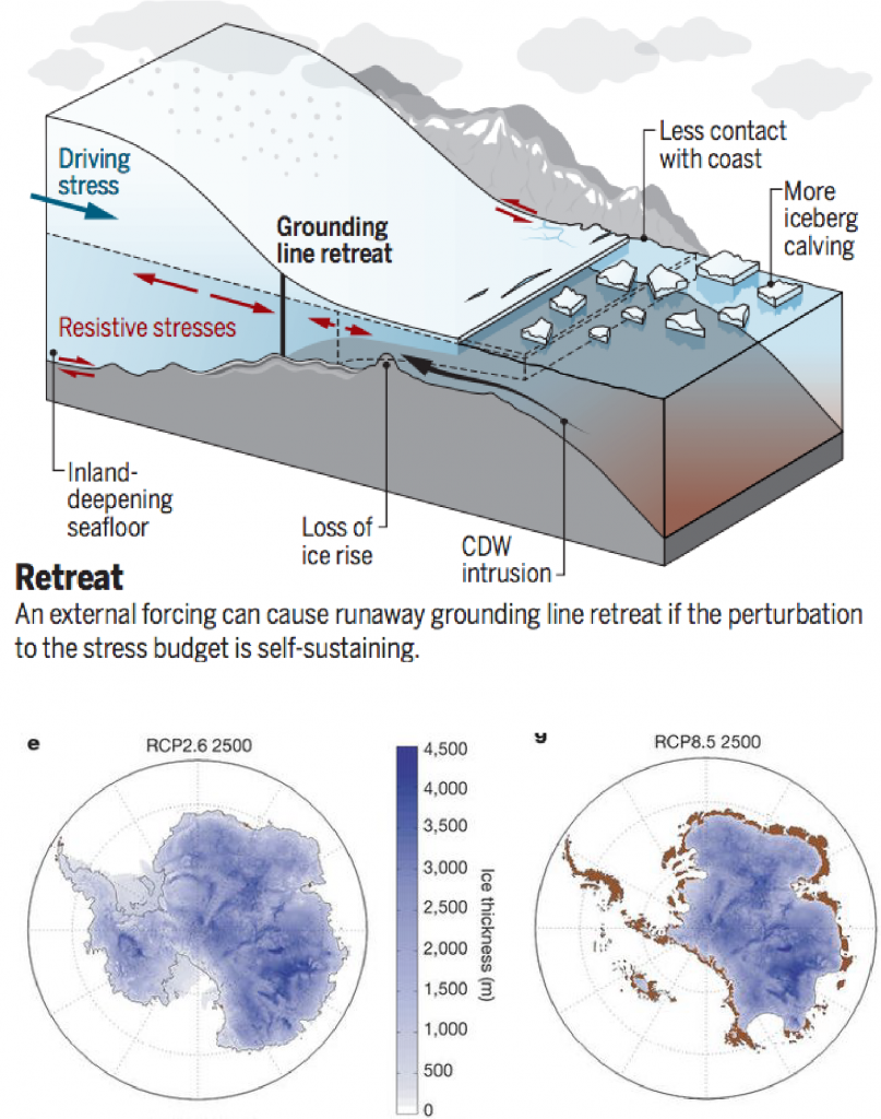 Antarctic ice sheet vulnerabilities. Top: Schematic illustration of the West Antarctic ice sheet from carbonbrief.org. Bottom: Projection of the Antarctic ice sheet at year 2500 for emission scenarios RCP2.6 (left) and RCP8.5 (right) from DeConto and Pollard, 2016).