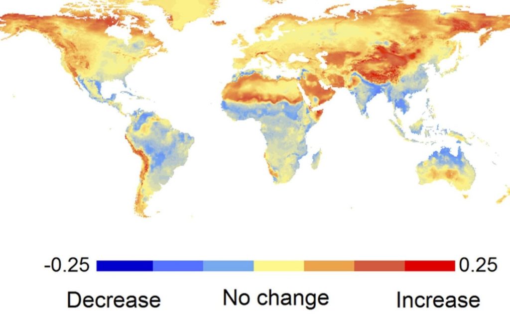 Projected change in fire probability from 1971-2000 to 2070-2099 for the high SRES-A2 emissions scenario using a statistical method and climate models. From Moritz et al. (2012).