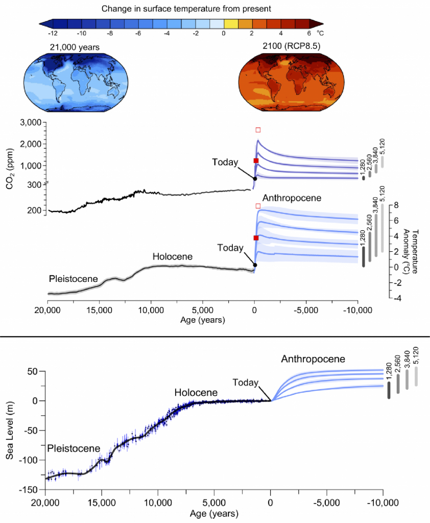 Long-term projected future in the perspective of past changes in atmospheric CO2, surface temperature and sea level. Top: maps show model simulated temperature anomalies (with respect to the preindustrial) for the Last Glacial Maximum (21,000 years ago at the end of the Pleistocene) and projections for the year 2100 based on the RCP8.5 emission scenario. Center and bottom: changes in CO2, global surface temperature and sea level from paleo data and model projections. Intermediate complexity models were used for the future projections assuming a total of 1,280, 2,560, 3840, and 5,120 PgC emissions shown in the blue lines with shading indicating uncertainty. Red squares indicate results from years 2100 (solid) and 2300 (open) for the RCP8.5 scenario for comparison. Vertical gray bars show the range of uncertainty based on a range for climate sensitivity from 1.5 to 4.5ºC. Modified from Clark et al. (2016). Figure courtesy of Shaun Marcott and Peter Clark.