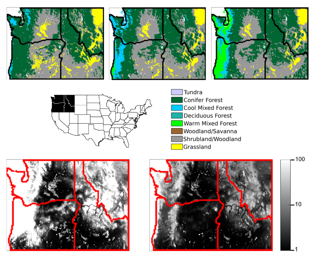 Projected changes in vegetation (top row with legend in middle) and fire frequency (bottom) in the Pacific Northwest (filled area highlighted in the map of the United States of America). Vegetation is shown for years 1971-2000 (top left), 2036-2065 (top center) and 2071-2100 (top right). Fire frequency in years is shown for the 20th century (bottom left) and the 21st century (bottom right). Modified from Sheehan et al. (2015). Simulations without fire suppression are shown. Figure courtesy of Tim Sheehan.