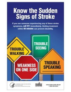 Know the sudden signs of strokes. If you see anyone experiencing these signs of stroke, call 911 immediately. Getting treatment within 60 minutes can prevent disability. The signs are: trouble walking, trouble seeing, weakness on one side, and trouble speaking.