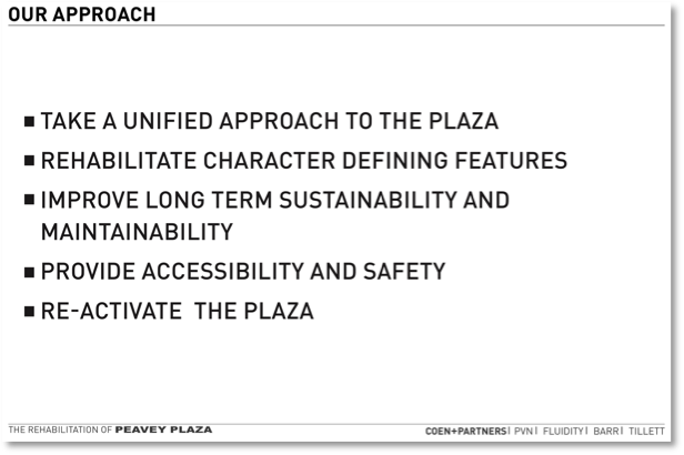The vision for Peavey Plaza includes a unified approach, rehabilitate character/defining features, improve sustainability/maintainability, provide accessibility and safety, reactivate the plaza.