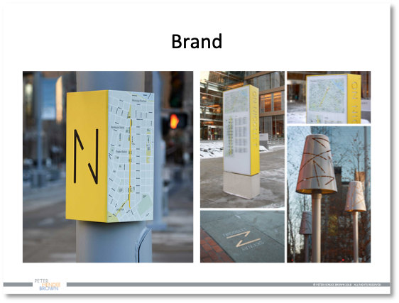 Images showing use of the Nicollet Mall "N" on a wayfinding map, an information "totem," lanterns, and directions to the skyway system.