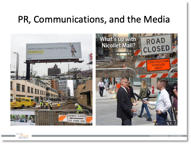 Two images - one showing a billboard and another a flyer with communications about the Nicollet Avenue project.