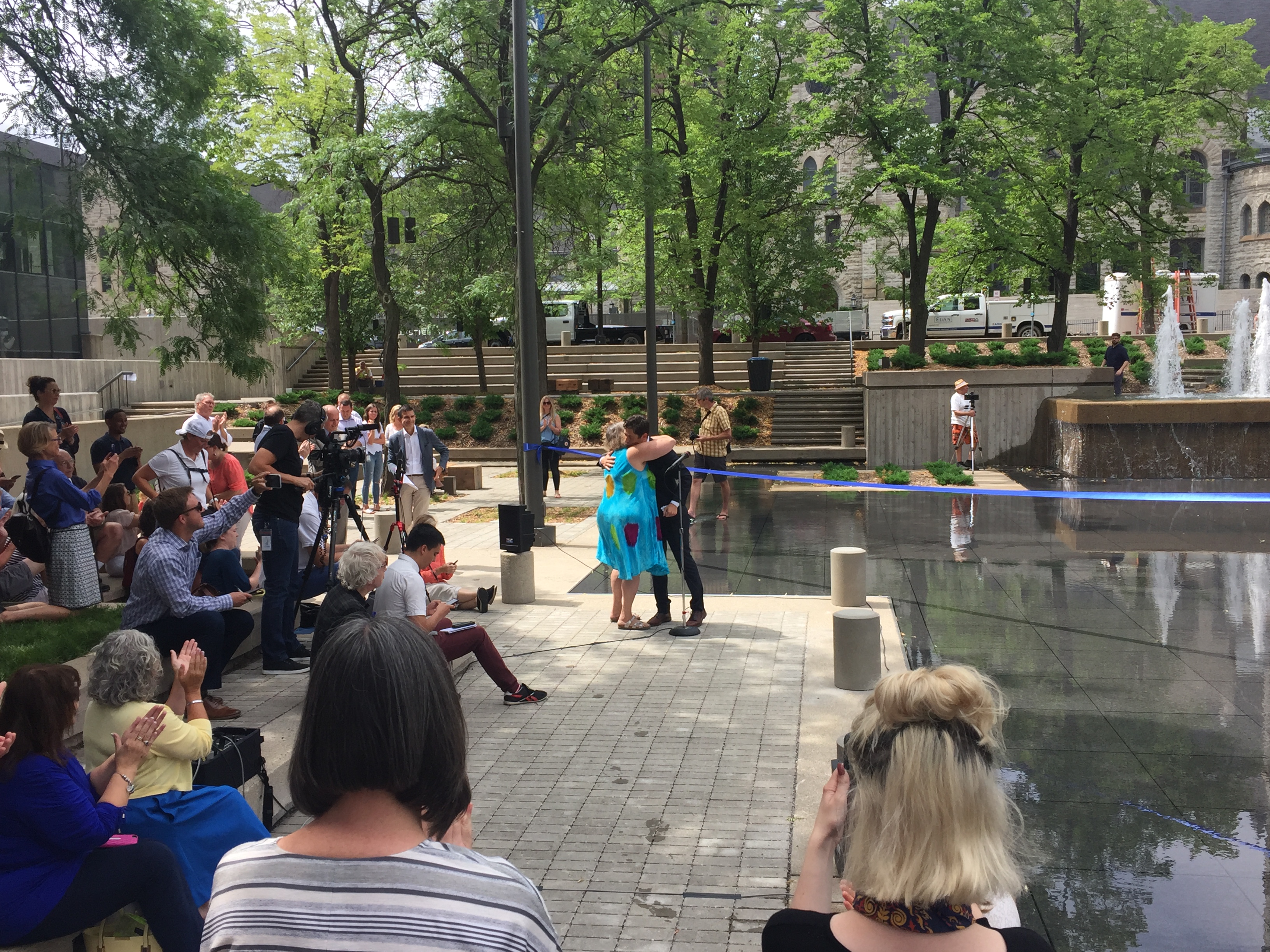 Picture of people celebrating the grand opening of Peavey Plaza.