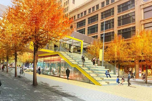 Image of a stair way rising up to meet the skyway in downtown Minneapolis.