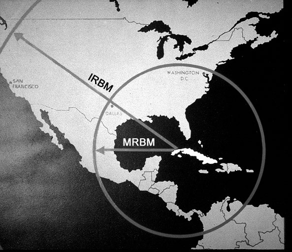 This map shows the range of Soviet medium range and intermediate range ballistic missiles, if launched from Cuba.