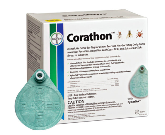 Corathon is an insecticide FyberTek eartag for beef and non-lactating dairy cattle to control face flies, horn flies, gulf coast ticks, and spinose ear ticks for up to 5 months.
