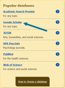 arrow pointing to Google Scholar in the Popular Databases section of the Libraries homepage.