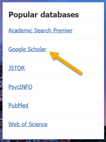 arrow pointing to the link to Google Scholar in the popular databases box at lib.umn.edu