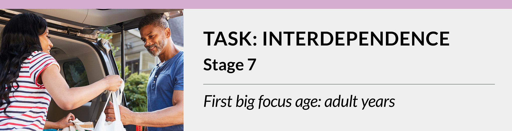 Task: Interdependence. Stage 7. First big focus age: adult years.