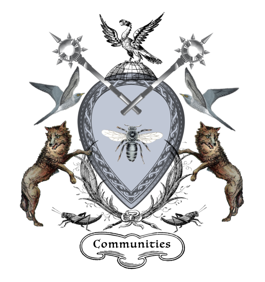 A crest labeled "Communities" adorned with animals