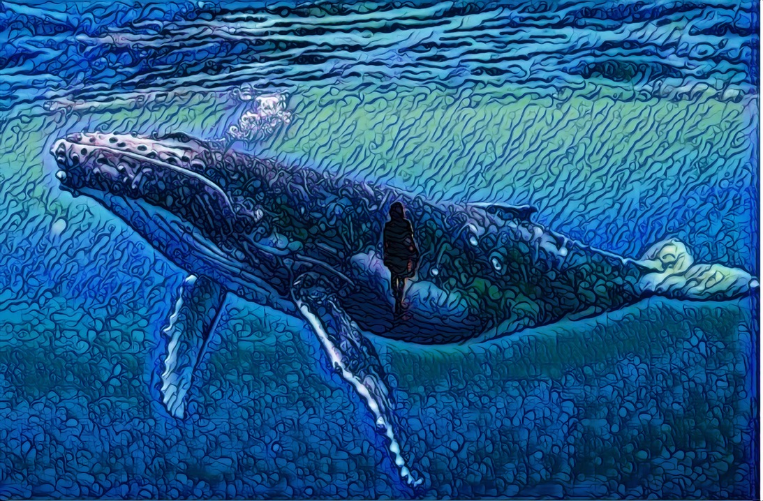 Artistic image of a whale with a woman inside