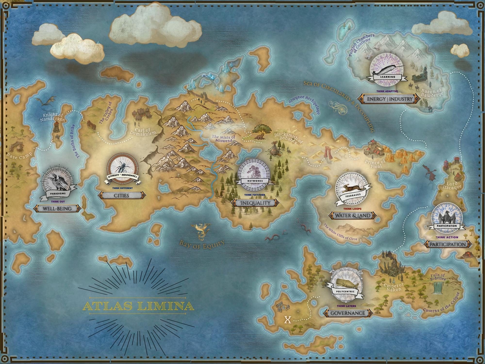 A map showing an imaginary world with islands, forests, inlets, and oceans.