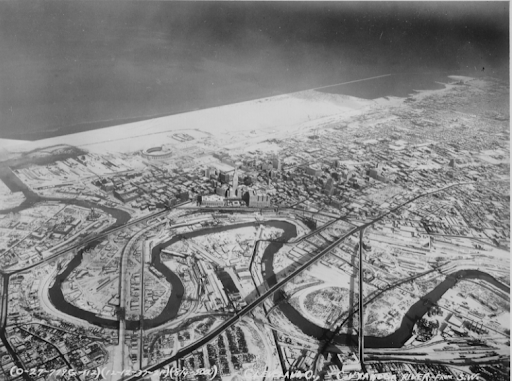 Bird's eye view of the Cuyahoga River through the city of Cleveland